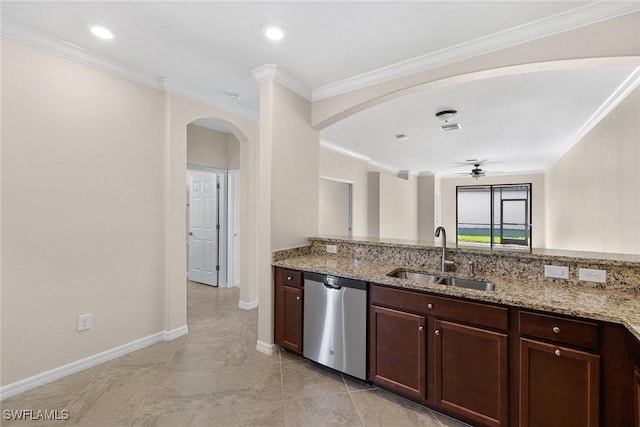 kitchen with stainless steel dishwasher, ceiling fan, light stone counters, and sink