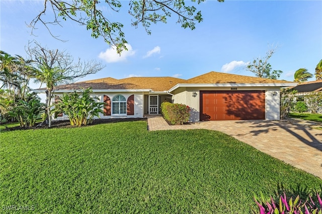 ranch-style home featuring a front yard and a garage