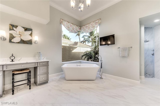 bathroom featuring vanity, separate shower and tub, ornamental molding, and a notable chandelier