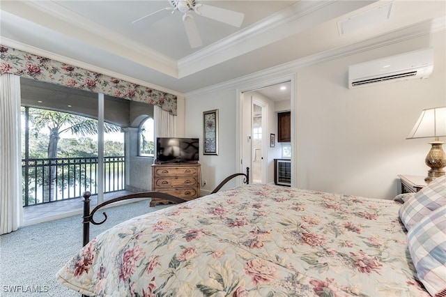 carpeted bedroom featuring ceiling fan, beverage cooler, a wall unit AC, access to outside, and ornamental molding