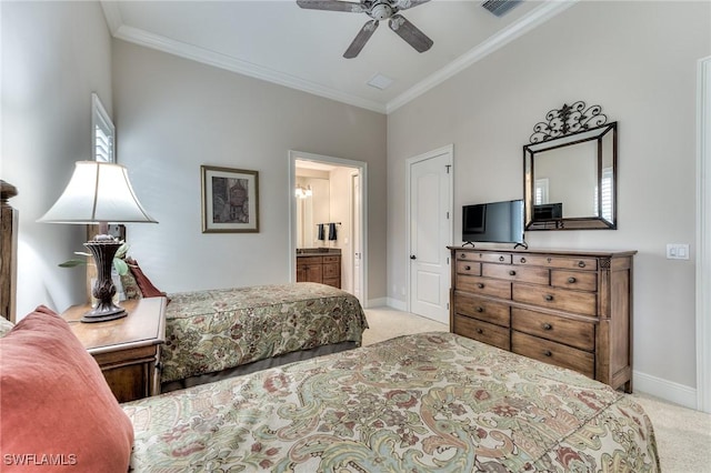 carpeted bedroom with connected bathroom, ceiling fan, and crown molding