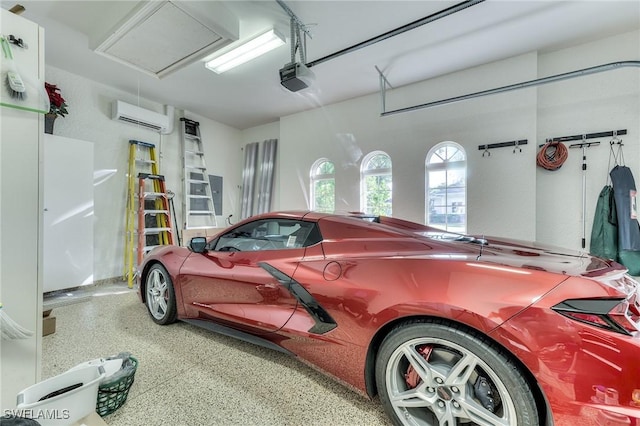 garage with electric panel, a garage door opener, and a wall mounted AC