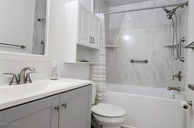 full bathroom with vanity, toilet, and shower / bathtub combination with curtain