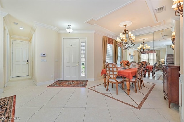 tiled dining space with a chandelier and ornamental molding