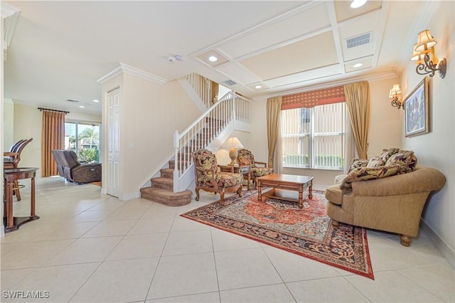 living room with ornamental molding and light tile patterned flooring