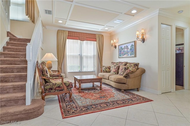 tiled living room with ornamental molding and coffered ceiling