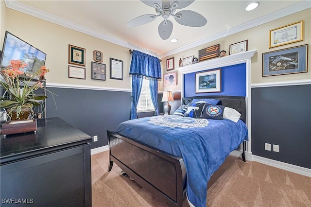 bedroom featuring carpet flooring, ceiling fan, and ornamental molding