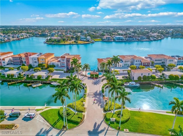 drone / aerial view with a water view