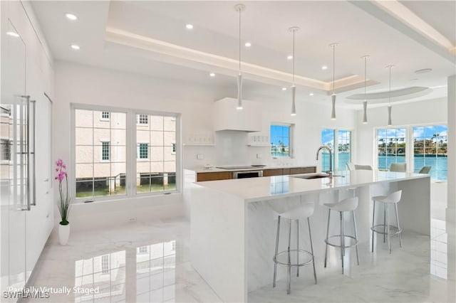 kitchen featuring a large island with sink, white cabinets, sink, hanging light fixtures, and a tray ceiling