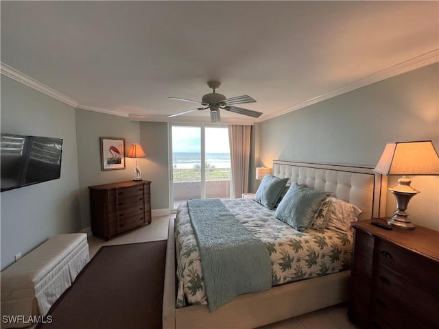 bedroom with ceiling fan, ornamental molding, and light tile patterned flooring