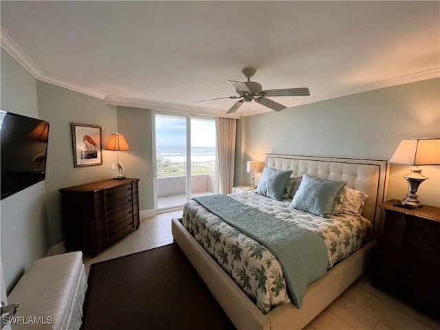 tiled bedroom with ceiling fan, access to exterior, and crown molding