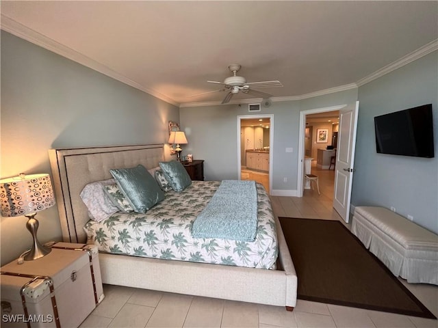 bedroom featuring ceiling fan, ensuite bathroom, and ornamental molding