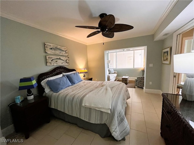 tiled bedroom with ceiling fan and crown molding