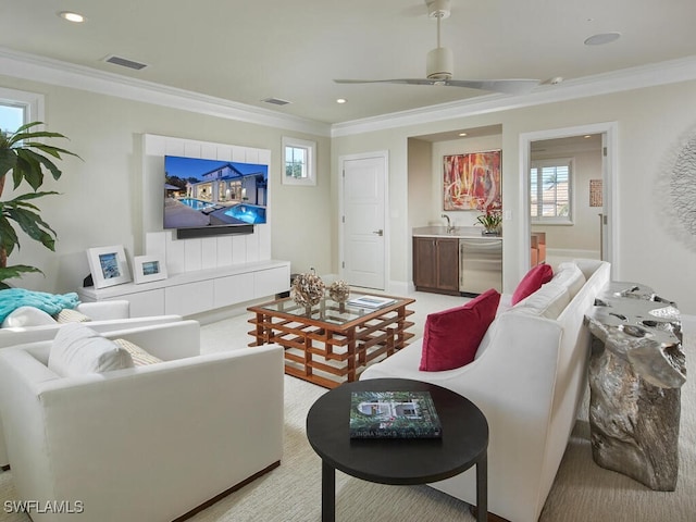 living room with ceiling fan, crown molding, and sink