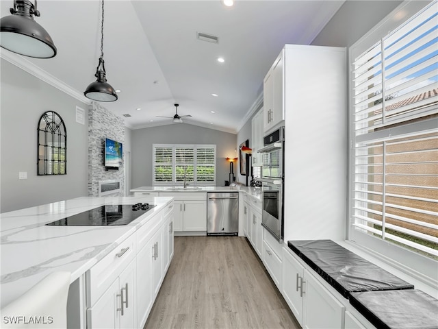 kitchen featuring light stone countertops, lofted ceiling, white cabinetry, stainless steel appliances, and ceiling fan