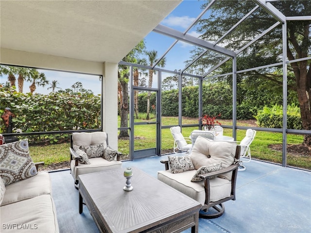 sunroom featuring a swimming pool