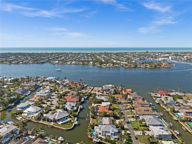 aerial view featuring a water view