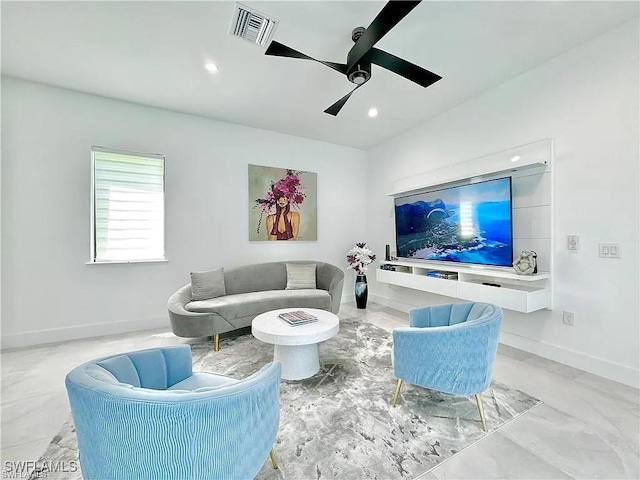 living room with ceiling fan