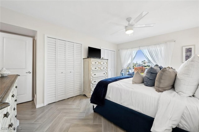 bedroom with ceiling fan, a closet, and light parquet flooring