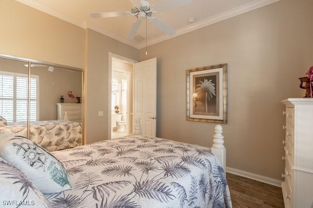 bedroom featuring ceiling fan, ornamental molding, and a closet