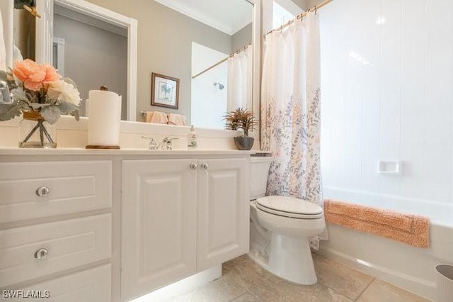 full bathroom with shower / bathtub combination with curtain, tile patterned flooring, toilet, vanity, and ornamental molding