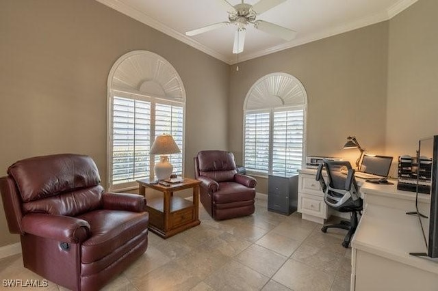 office area with ceiling fan, crown molding, and light tile patterned flooring