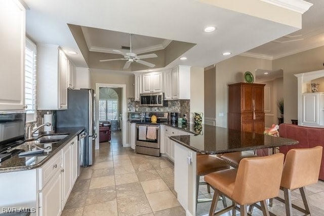 kitchen with white cabinetry, sink, a raised ceiling, crown molding, and appliances with stainless steel finishes