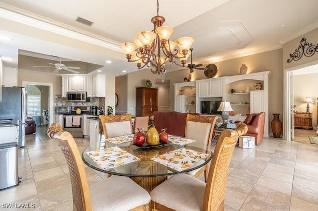 dining room featuring light tile patterned floors, ceiling fan with notable chandelier, and crown molding