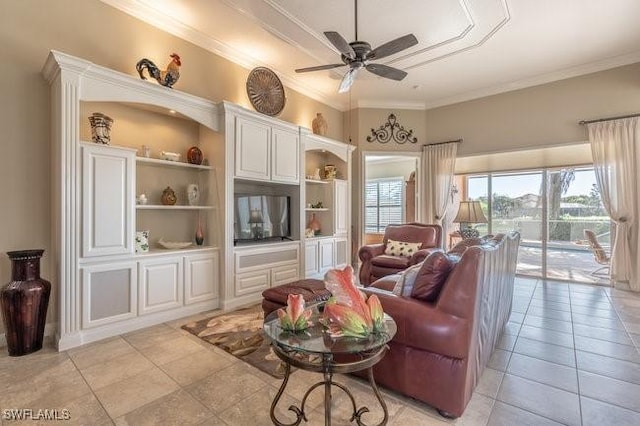 living room with built in shelves, ceiling fan, light tile patterned flooring, and ornamental molding