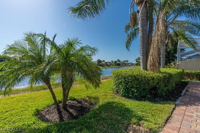 view of yard with a water view