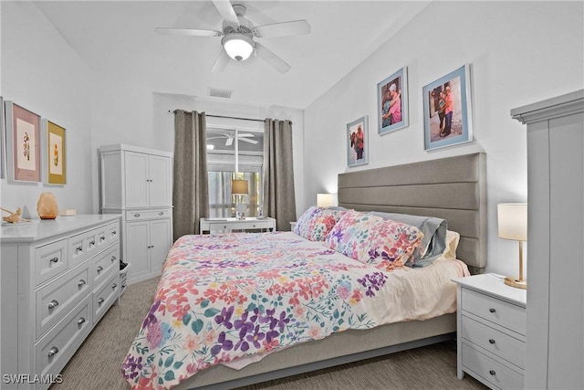 carpeted bedroom featuring ceiling fan