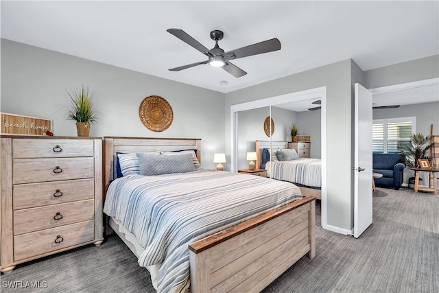 bedroom featuring ceiling fan, a closet, and dark colored carpet