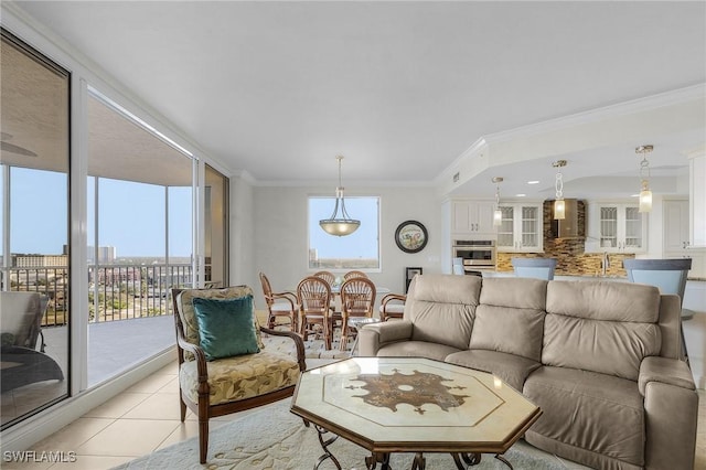 tiled living room featuring a healthy amount of sunlight, ornamental molding, and sink