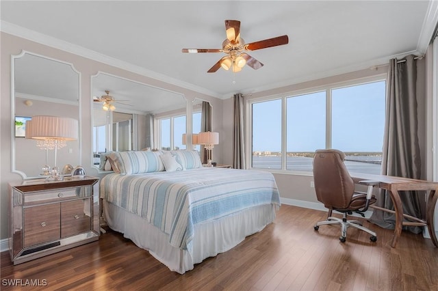 bedroom featuring ceiling fan, a water view, crown molding, and dark wood-type flooring