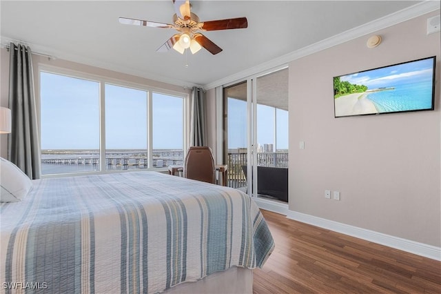 bedroom featuring access to outside, ceiling fan, ornamental molding, and hardwood / wood-style flooring