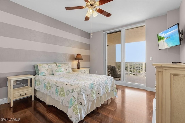 bedroom with ceiling fan, dark hardwood / wood-style floors, and access to exterior