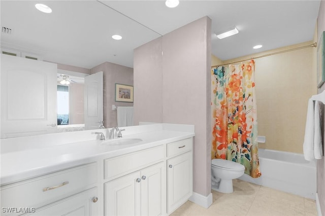 full bathroom featuring ceiling fan, vanity, shower / tub combo, and toilet