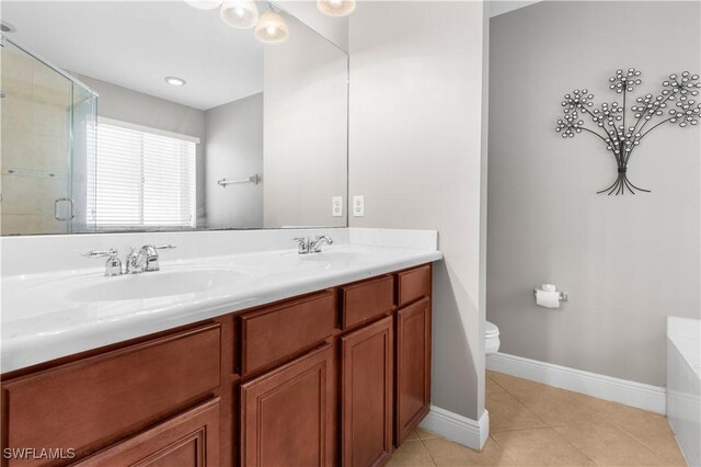 bathroom with tile patterned flooring, vanity, toilet, and walk in shower