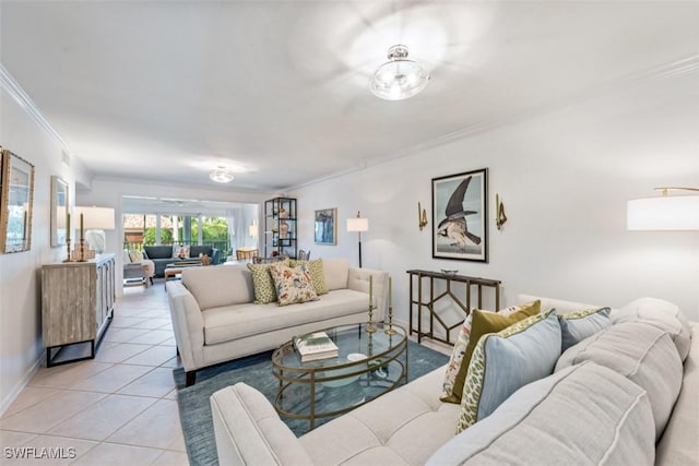 tiled living room with ornamental molding