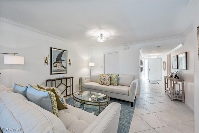 tiled living room featuring ornamental molding