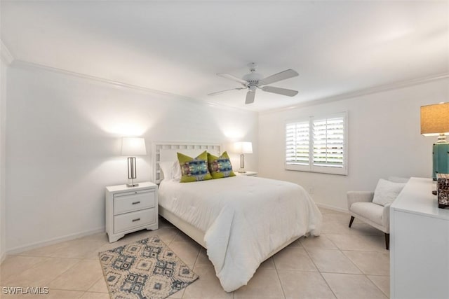 bedroom featuring ceiling fan, crown molding, and light tile patterned flooring