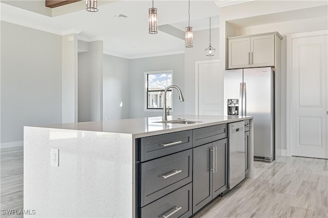 kitchen featuring gray cabinets, sink, an island with sink, and appliances with stainless steel finishes