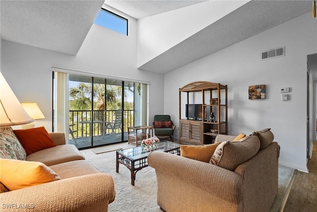 living room featuring a textured ceiling and a high ceiling