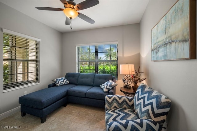 living room with ceiling fan