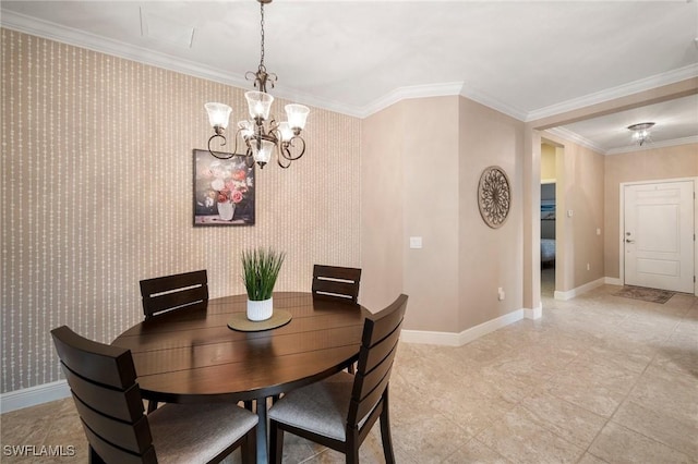 dining area with ornamental molding and a chandelier