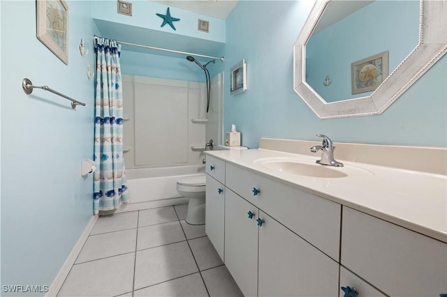 full bathroom with vanity, tile patterned flooring, toilet, and shower / bath combo with shower curtain