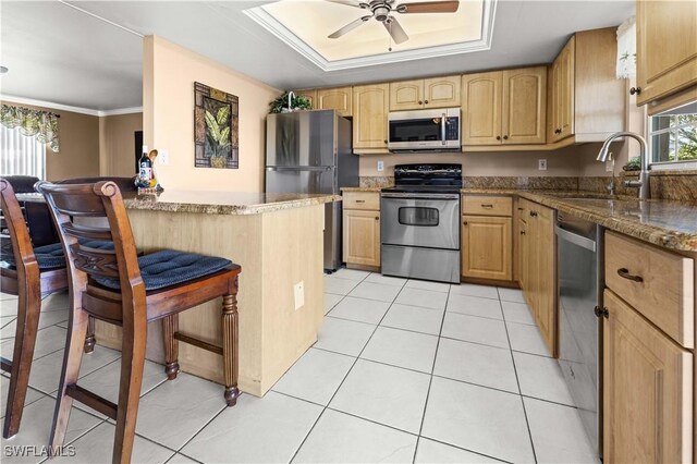 21 NE 19th Ter, Cape Coral, FL 33909 - kitchen with a ceiling fan, light brown cabinets, a tray ceiling, a sink, and stainless steel appliances