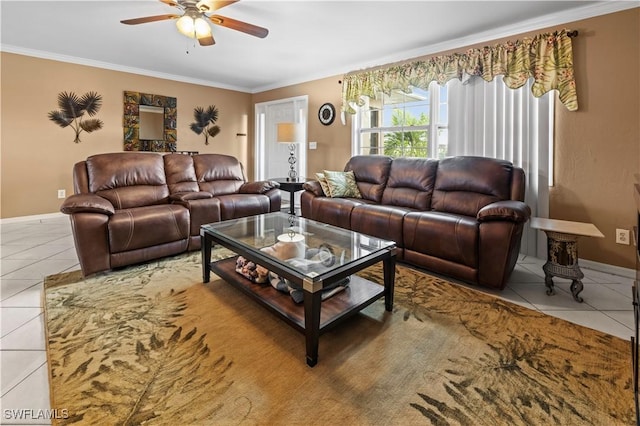 21 NE 19th Ter, Cape Coral, FL 33909 - tiled living room featuring baseboards, ceiling fan, and crown molding