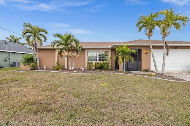 single story home featuring a front lawn, central AC unit, and a garage