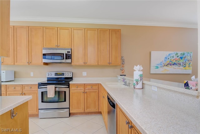 kitchen featuring sink, stainless steel appliances, crown molding, light brown cabinetry, and light tile patterned flooring